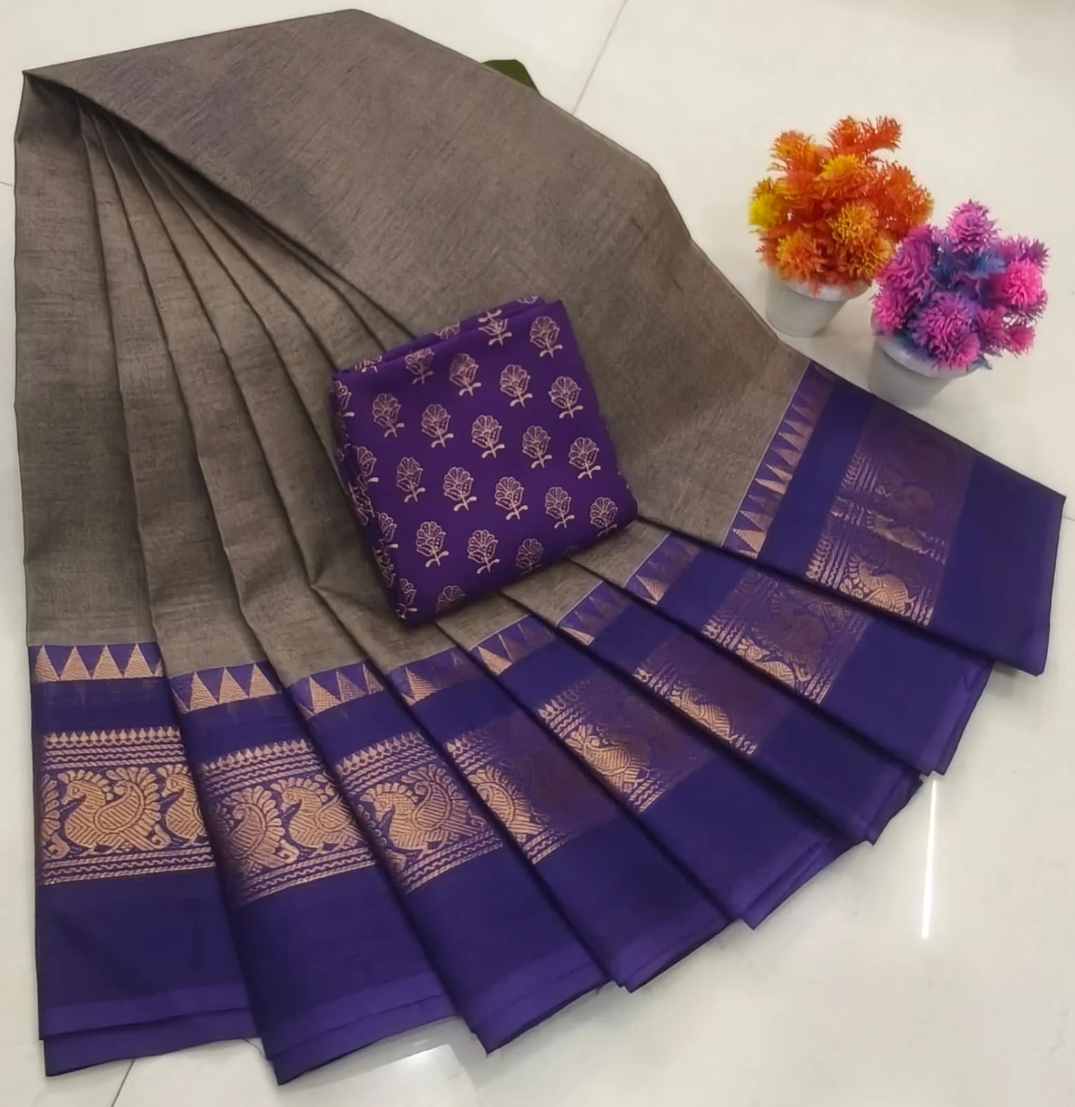 Taupe with Deep Purple Zari Border Chettinad Cotton Saree
